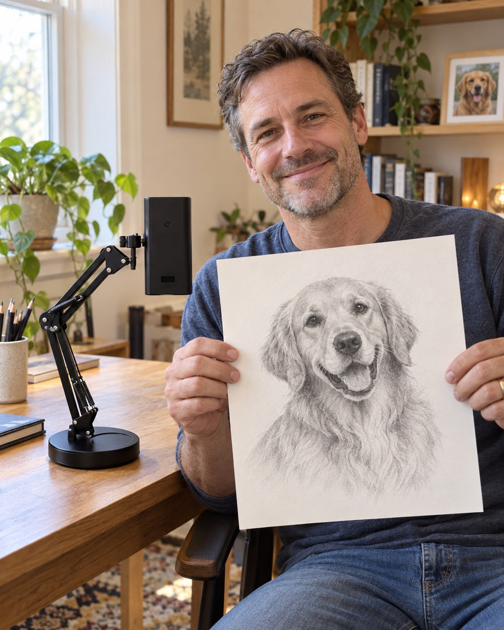 Man holding a finished pencil portrait of his dog