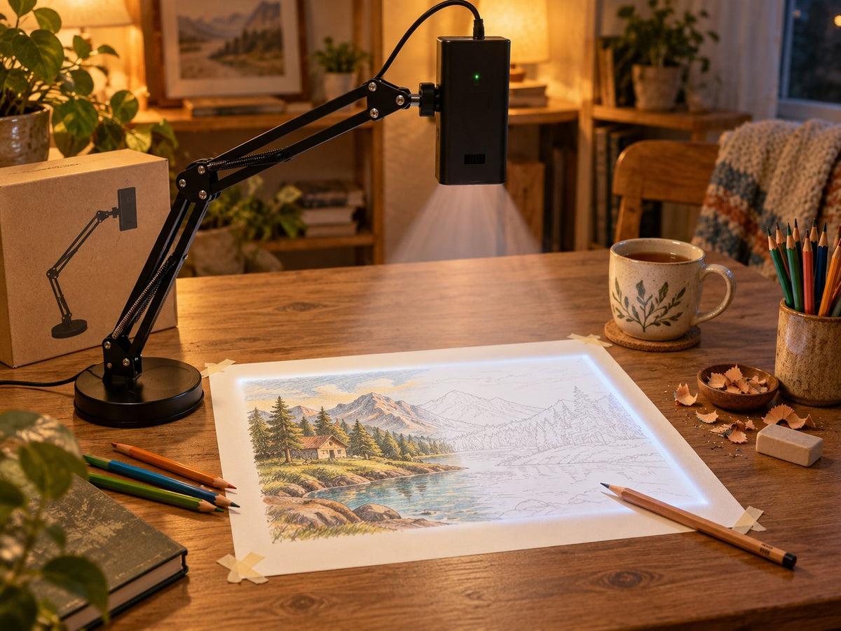 Cosy table with a half traced landscape painting