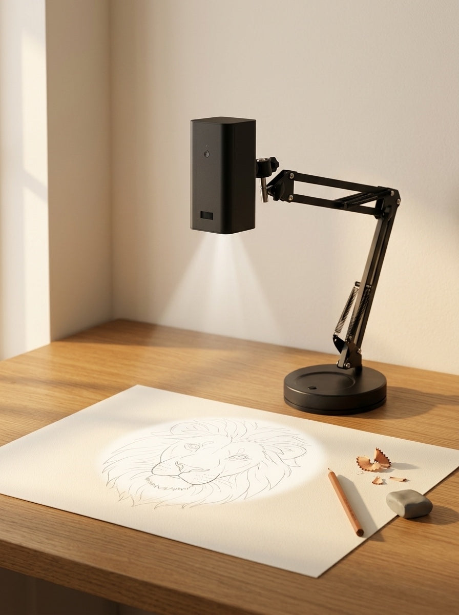 Tracedrawn projector tracing a lion outline on a desk
