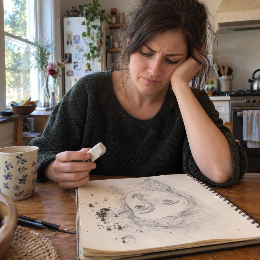 Frustrated woman erasing a lopsided sketch