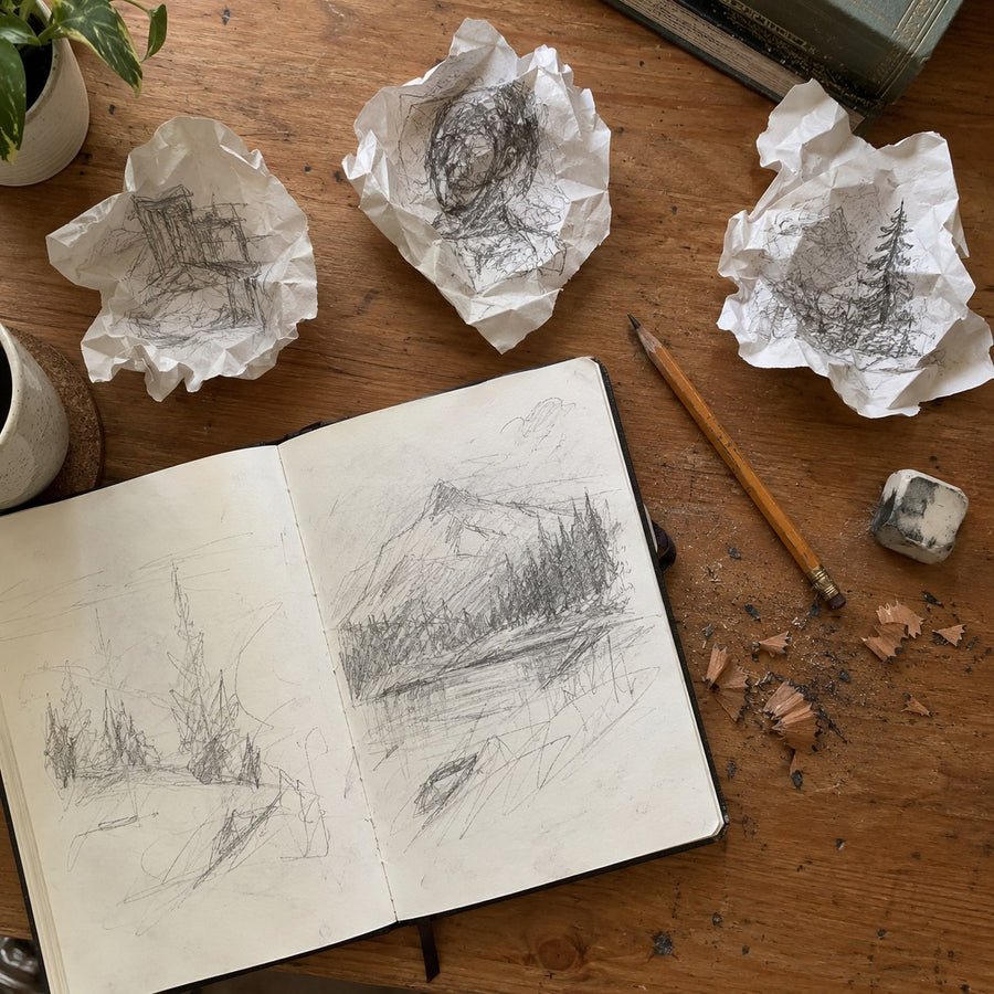 Crumpled drawing attempts next to a sketchbook