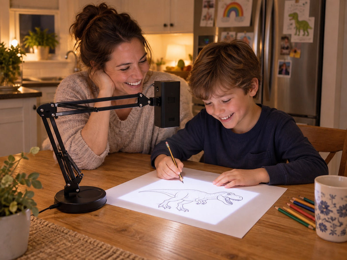 Parent and child tracing a dinosaur together